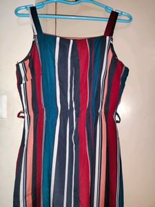 Striped Crepe A Shape Dress / Bottom Side Slit On One Side