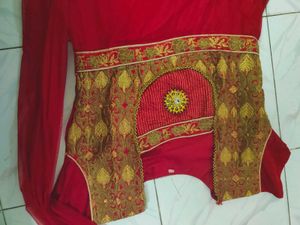 Red &amp; Gold Embellished Anarkali Dress