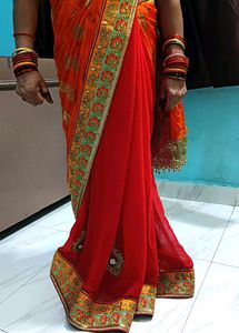 Designer Orange &amp; Red Saree With Blause❤️🧡