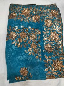 Teal &amp; Gold Embroidered Saree