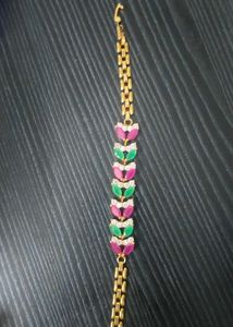 Gold Chain Bracelet with Pink & Green Gems