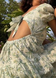 Open back Poplin Light Green Floral midi Dress