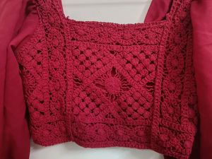 Elegant Red Crochet Puff Sleeve Top