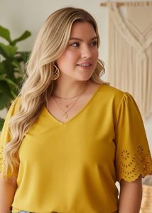 plus size V neck yellow cut out top