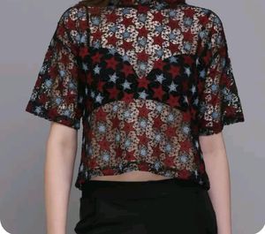 Black Self Design Sheer Boxy Top