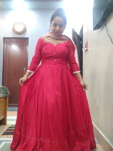 RED ANARKALI FLARED GOWN WITH EMBROIDERED DOPATTA