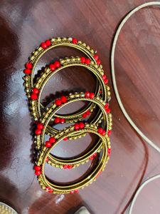 Red Golden Stone Studded Kada Bangles