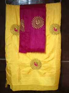 Embellished Yellow Poly Sllk Saree With Pink blous
