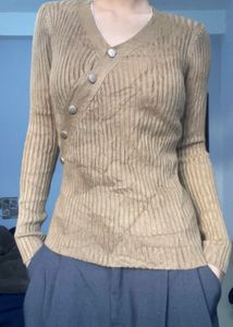 Ribbed Knit Button-Up Top