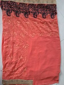 Peach &amp; Black Embroidered Saree