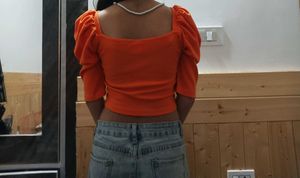 Orange Puff Sleeve Crop Top