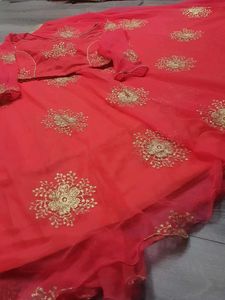 Pink  &amp; Gold Floral Embroidered Lehenga Set
