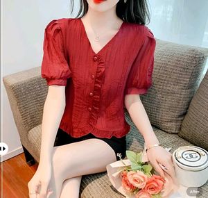 New with tag Chic Red Ruffled Button-Down Top