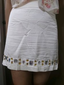 White Embellished Mini Skirt