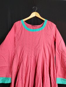 Ajio Coral Pink And Green Printed Umbrella Kurti