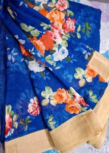 Floral Print Saree - Blue & Orange