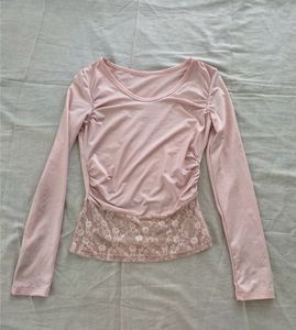 Pink Lace Trim Long Sleeve Top