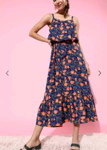 Women Deep Navy Blue Floral Sun Dress