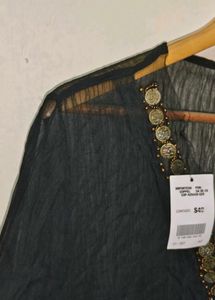 Trendy New L Black Embellished Sheer Blouse
