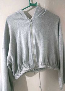 Grey Cropped Drawstring Hoodie