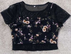 Floral Print Crop Top with Mesh Trim