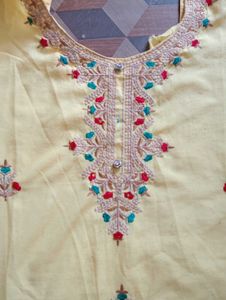 Yellow Embroidery Button Kurti