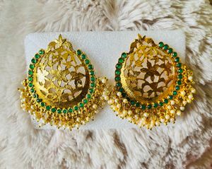 Gold &amp; Green Jhumka Earrings