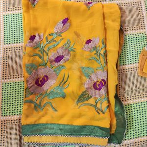 Yellow Floral Embroidered Saree