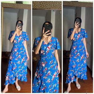 Floral V-Neck Ruffle Midi Wrap Dress