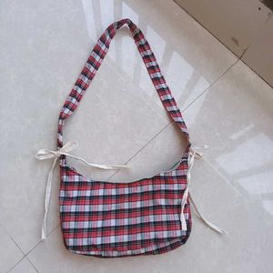 Plaid Shoulder Bag with Ties