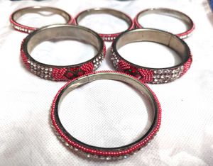 Red Beaded & Rhinestone Bangle Set