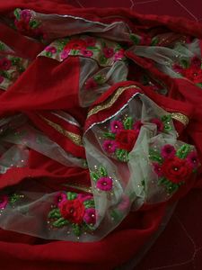 Red Saree with Floral Embroidery