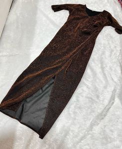 Shimmer Brown Slit Midi Dress