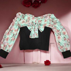 Women&#39;s Floral Puff Sleeve Top – Mint Green&amp;Black