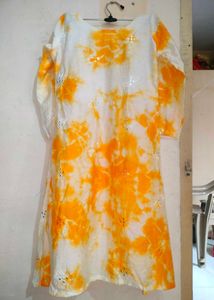 White &amp; Orange Tie Dye Kurti With Plazo