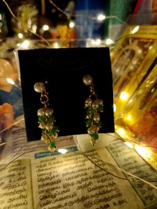 Pearl &amp; Green Beaded Dangle Earrings