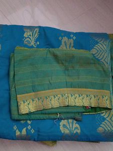 Blue &amp; Gold Floral Saree