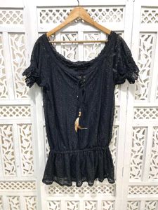 Boho Black Lace Peasant Top  C