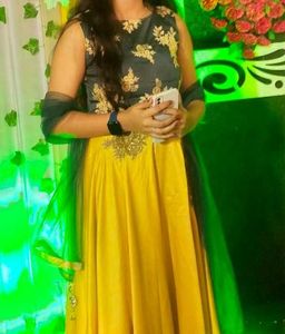 Elegant Yellow & Gray Embroidered Dress
