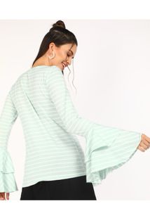 Casual Bell Sleeves Striped Women Green,White Top