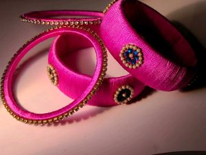 Pink Embellished Silk Bangles - Set of 2