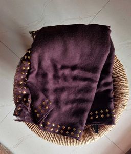 Luxury Brown Woolen Shawl with Gold Embellishments