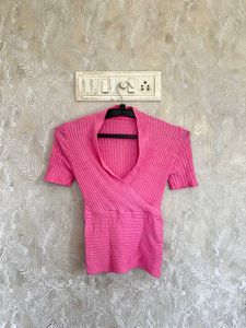 Pink Ribbed Wrap Top