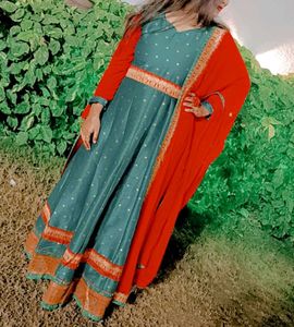 Teal &amp; Red Ethnic Gown With Dupatta