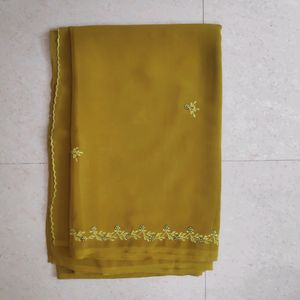 Sale 🌟🌟 bollywood OLIVE GREEN pure chiffon saree with embroidery work with readymade blouse, size : 36 | supersoft