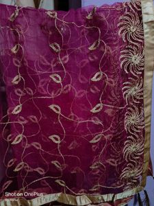 Dark Pink Embroidery Net Dupatta