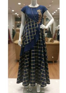 Elegant Blue & Gold Checkered Gown