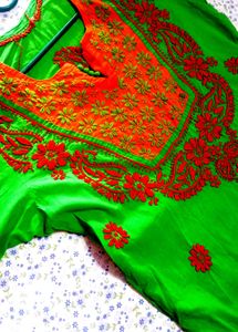Embroidered  Chikenkari Green Kurta