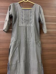 Grey Art Silk Embroidered Kurti With Dupatta