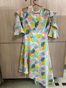 Tropical Print Cold-Shoulder Dress with Ruffle Sle